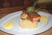 Salmon steak with grilled garnela, a la sauce Hollandaise and fried paprika risotto