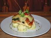 Roasted zander fillet with garlic spinach, grilled smoked mozzarella,  served with sweet potato puree