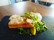 Citrus-herb flavored smoked salmon tartare served on homemade toasted bread, and balsamic vinegar salad (gluten, lactose, fish, vinegar)