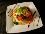 Smoked zander with spinach rösti potatoes, grilled vegetables and fried peppers holland sauce 