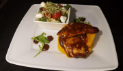 BBQ chicken steak with sweet potato puree, mozzarella with fresh salad 