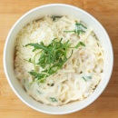 Tejszínes spagetti, rukkolás pirított csirkemell csíkokkal