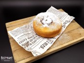 Homemade sugar-coated donut with apricot/blueberry jam or hazelnut cream (gluten, lactose, egg) (nut in case of hazelnut cream)