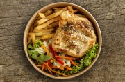Grilled chicken breast fillet with fresh mixed salad and optional side dishes