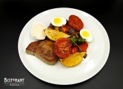 Tuna steak with white wine-braised vegetables, smoked-green herb tomato, boiled egg, and sweet chili-sour cream sauce (lactose, egg, fish, mushroom)