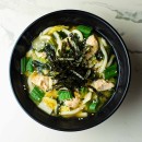 Miso soup with Udon pasta, vegetables