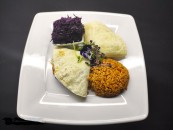 Chili bean tofu stuffed in tortilla  purple cabbage salad with tomato bulgur