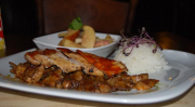Breast of chicken steak with oyster mushroom duck liver ragout, 	 apple compote and jasmine rice