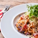Chicken tomato spaghetti, Genoese pesto, arugula, parmesan cheese