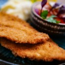 Chicken breast in panko breadcrumbs, mashed potatoes with parmesan, homemade horseradish