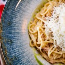 Spaghetti carbonara with fried chicken breast bites