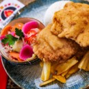Fried pork chops with mixed garnish, home made pickles