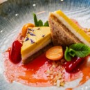 Chocolate souffle with strawberry ragout
