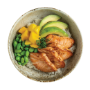 Mango, avocado, edamame don with sushi rice, black sesame and optional toppings: