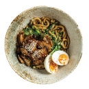 Udon noodles with pak choi with kaiser bacon