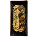 Salmon meatloaf with grilled zucchini and fried egg rice