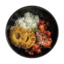 Ginger marinated crispy chicken bites in coated with sweet chili grilled pineapple and rice