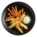 Chicken breast with sesame seeds and jalapenos mayonnaise with fried sweet potatoes