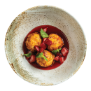 Almond coated cottage cheese balls with strawberry sauce (3pcs)