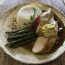 Chicken breast steak with herb butter, mushroom gravy, green asparagus, jasmine rice