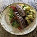 Duck breast stuffed with liver, broccoli cream, caramelized onion sauce, homemade roasted parsley potatoes
